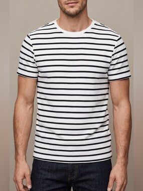 New Men's White and Black Striped Crewneck T-Shirt
